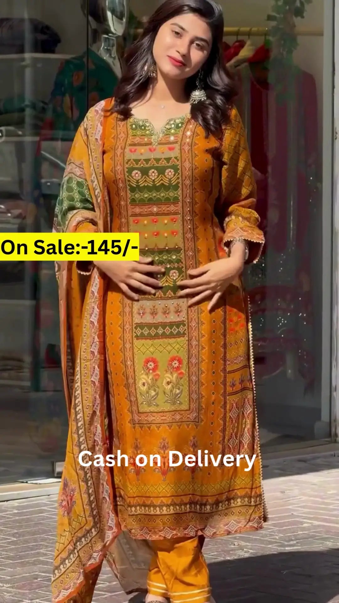 mustard and green ethnic printed suit