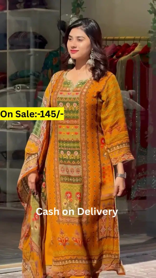 mustard and green ethnic printed suit