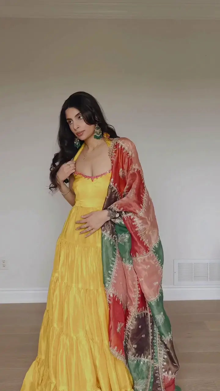 Bright Yellow Halter Neck Tiered Anarkali Gown