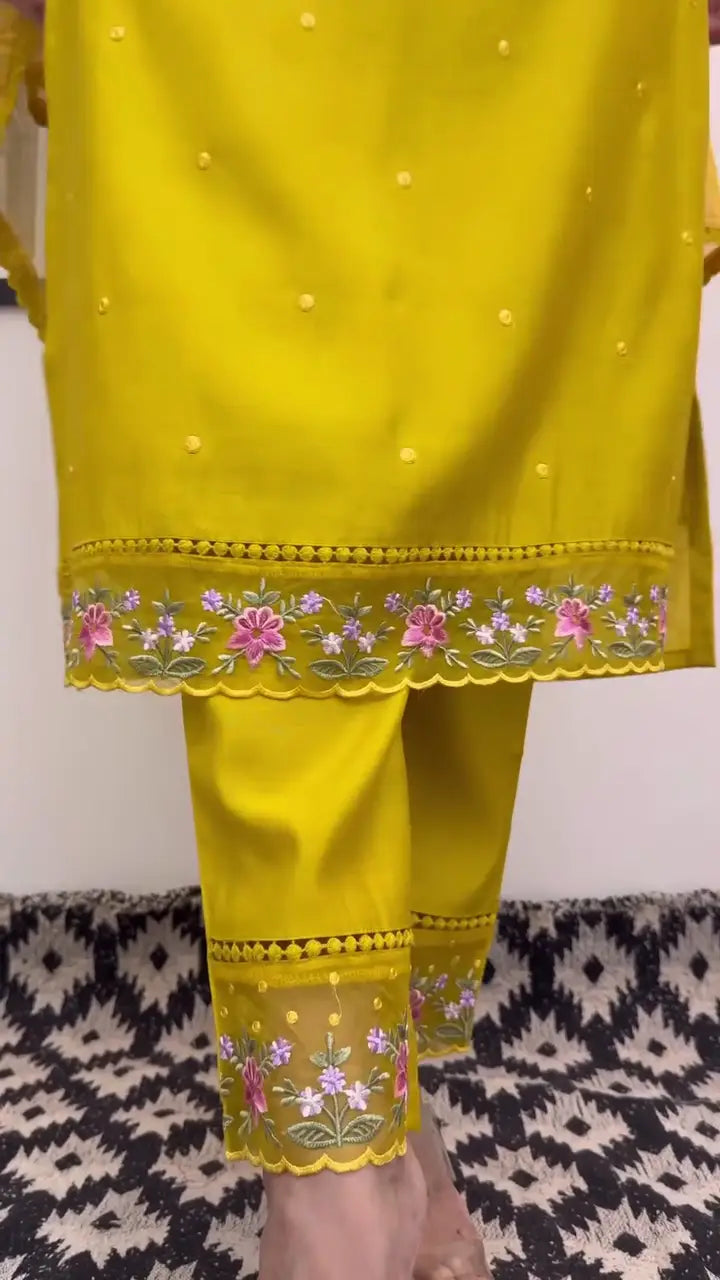 Bright Yellow 3-Piece Embroidered Suit