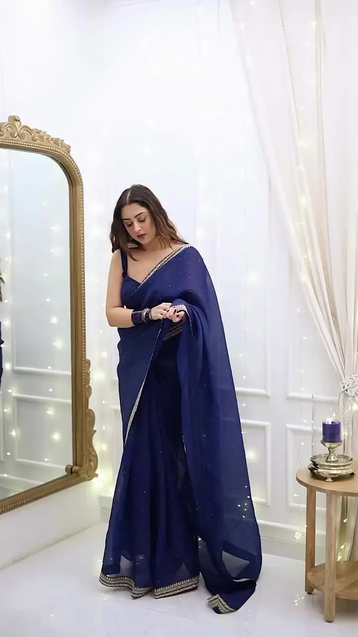 Graceful navy blue georgette saree