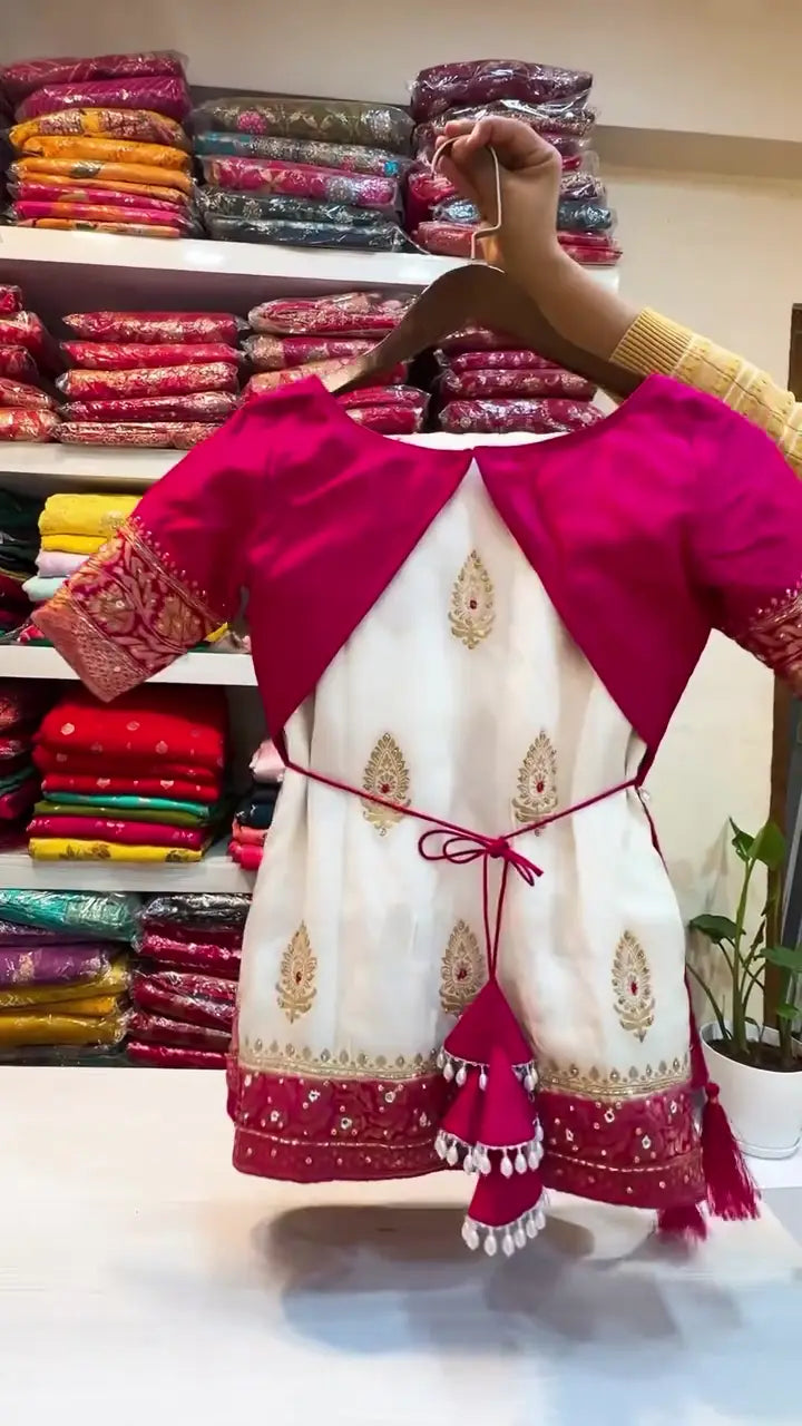 Off-White and Rani Pink Embroidered Lehenga Choli Set