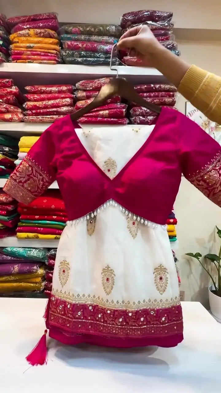Off-White and Rani Pink Embroidered Lehenga Choli Set