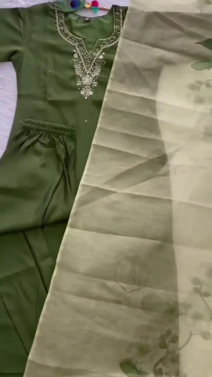 Graceful Olive Green Embroidered Kurta Set