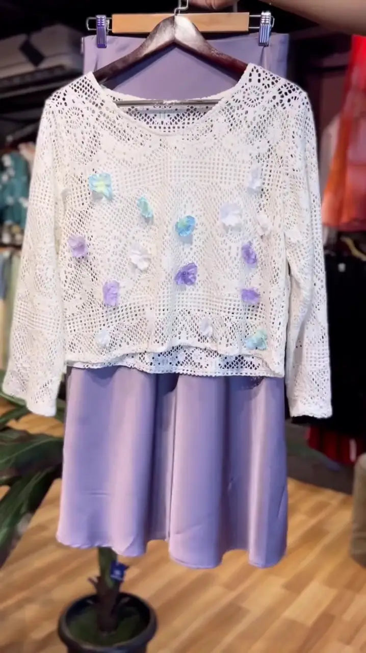 Lavender Satin A-Line Skirt Paired with a Delicate White Crochet