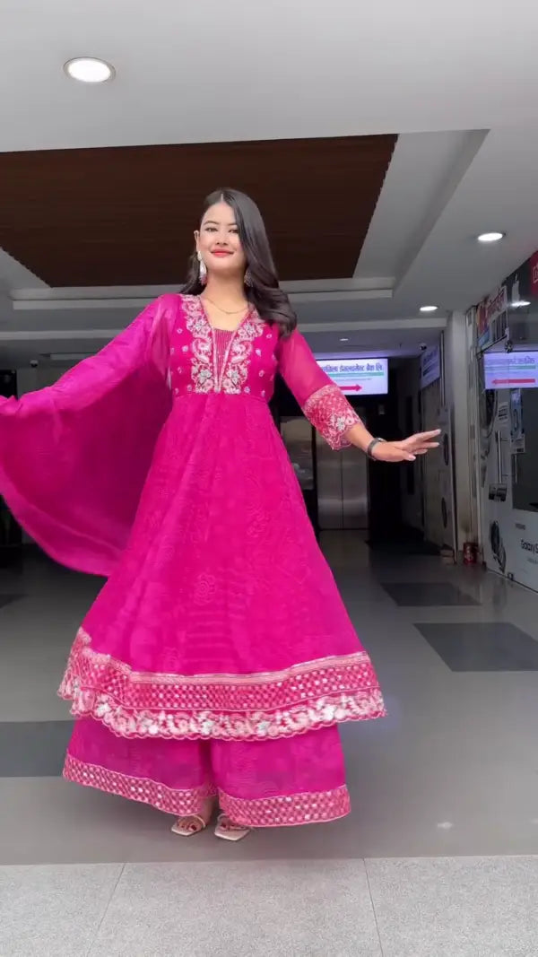 Fuchsia Pink Embroidered Anarkali Style Kurta with Palazzo Pants