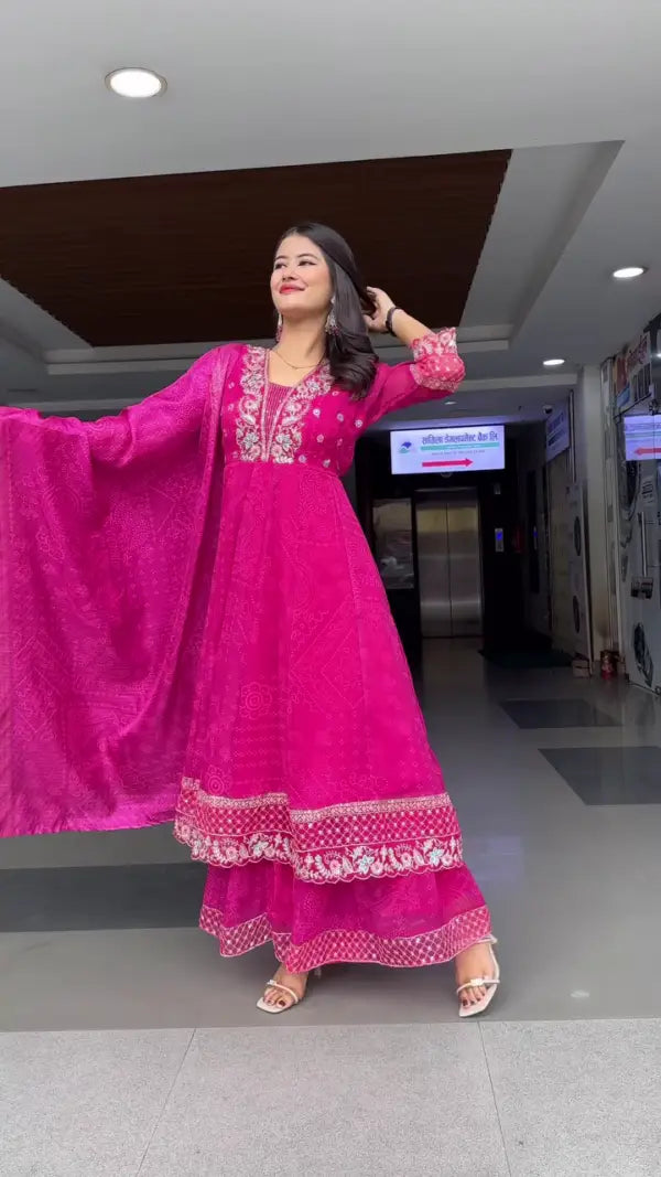 Fuchsia Pink Embroidered Anarkali Style Kurta with Palazzo Pants