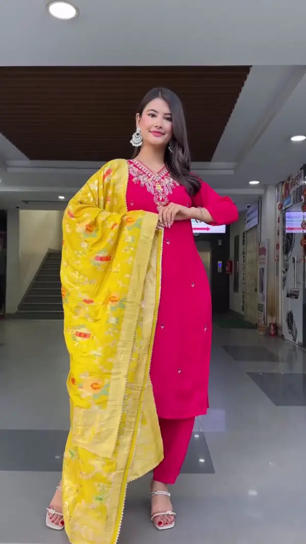 Vibrant Festive Wear Kurta Set Featuring Mustard Yellow Straight-Cut Kurti