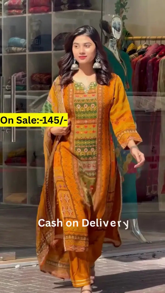 mustard and green ethnic printed suit