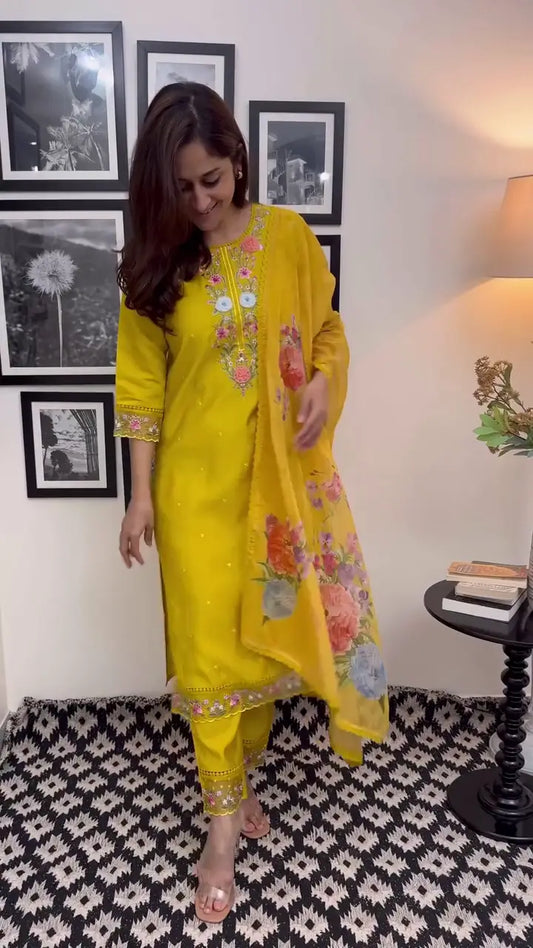 Bright Yellow 3-Piece Embroidered Suit