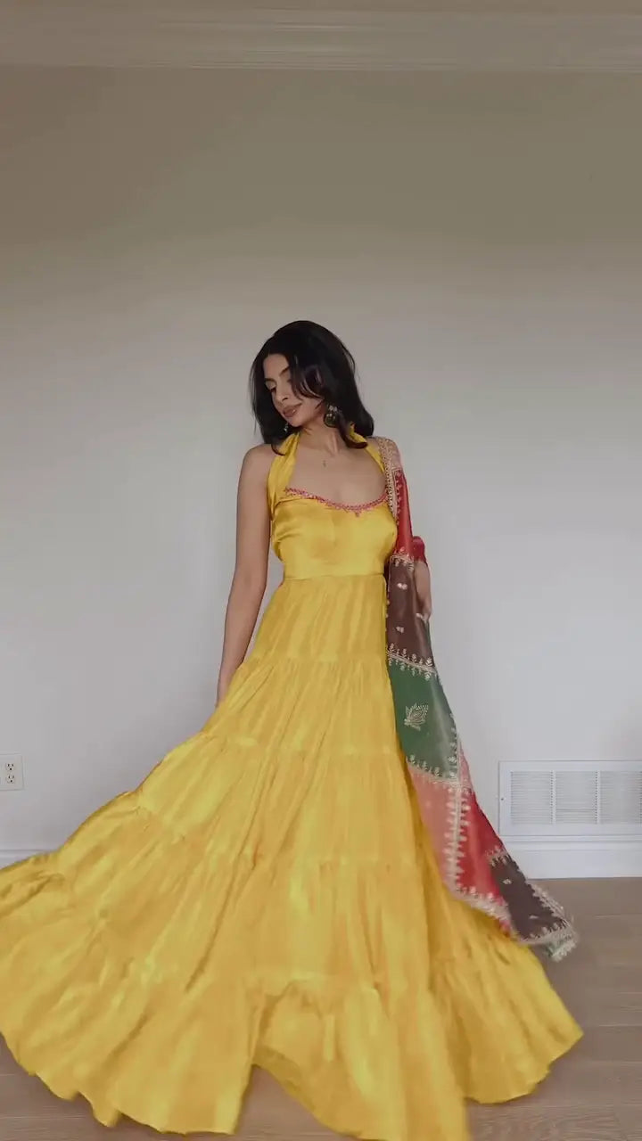 Bright Yellow Halter Neck Tiered Anarkali Gown