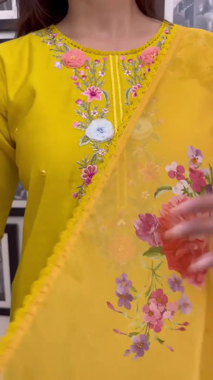 Bright Yellow 3-Piece Embroidered Suit