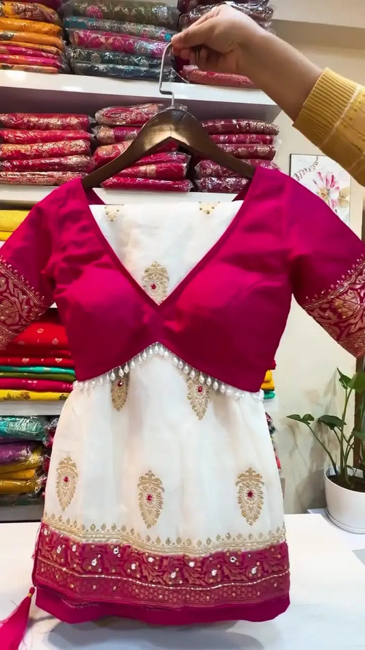 Off-White and Rani Pink Embroidered Lehenga Choli Set