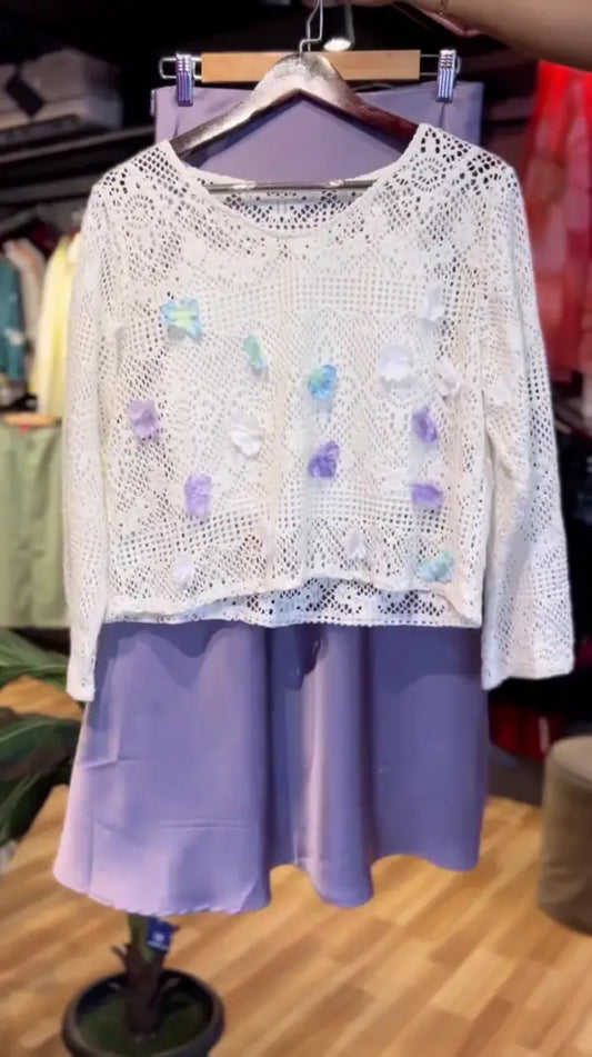 Lavender Satin A-Line Skirt Paired with a Delicate White Crochet