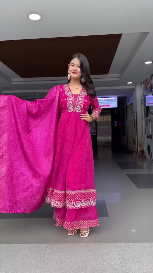Fuchsia Pink Embroidered Anarkali Style Kurta with Palazzo Pants