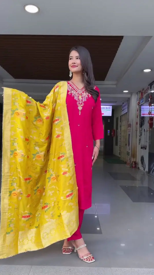 Vibrant Festive Wear Kurta Set Featuring Mustard Yellow Straight-Cut Kurti